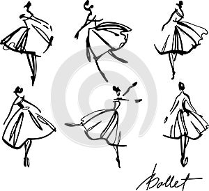 set of graphic hand-drawn ballerinas in different dancing poses